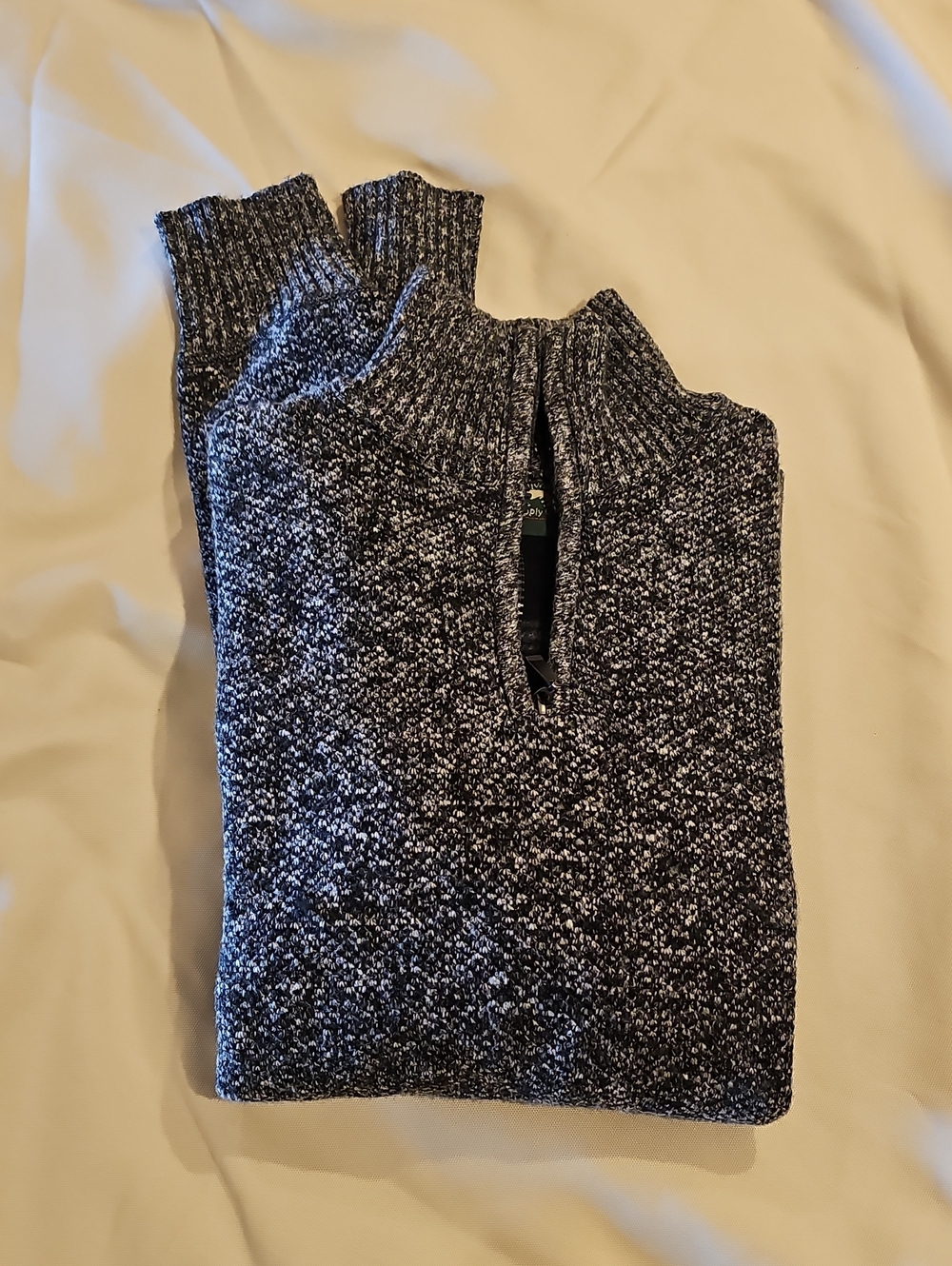 Mens Marled Quarter-Zip  Sweater - Black & White Lined With Soft Blanket Plaid